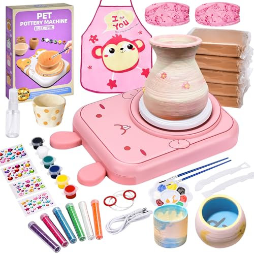 IEEILULU Set di ceramiche per bambini, disco elettrico per bambini, mini disco per ceramica con tono di ceramica, colori, adesivi con diamanti, set fai da te, set per fai da te per ragazze (gatti)