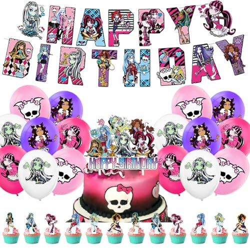 FVGYITG 30 Stück Monster Birthday Dekoration,Monster Geburtstagsdeko Luftballons Monster Girl Party Dekorationen Kuchen Topper Happy Birthday Banner Monster Schule Deko Für Kinder