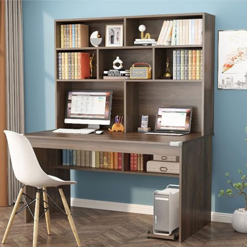 Scrivania da studio moderna con ripiani portaoggetti per casa e ufficio, scrivania compatta per computer e postazione di lavoro per scrittura e lavoro, 120 cm, colore grigio