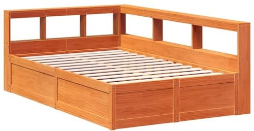 vidaXL Massivholzbett mit Regal ohne Matratze Wachsbraun 140x190 cm, Holzbett mit Regal, Massivholzbett mit Regal, Bett, Holzbett mit Bücherregal