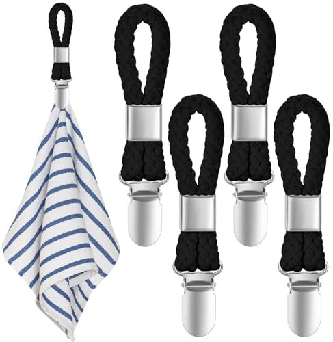 4 Stück Handtuch Clips zum Aufhängen, Handtuchclips mit Schlaufen, Handtuch Klammer, Haken für Handtücher, Geschirrtuch Handtuchhalter Clips (Schwarz)