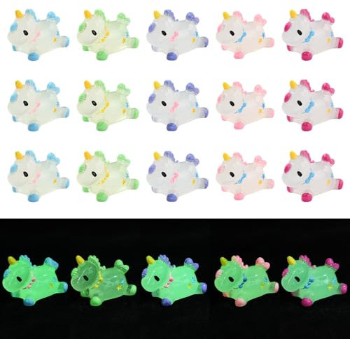 Stiesy 20 Pcs 5 Colors Resin Unicorn Slime Charm Beads Glow in The Dark Beads 3D Animal Flatback No Hole Beads for Jewellry Making Micro Landscape Garden Home Display Decorations