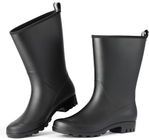 Kprm Wide Calf Women's Rain Boots Waterproof PVC Women Rubber Boot Mid Height Rain Shoes for Outdoor Gardening Work Walking Black Size 9