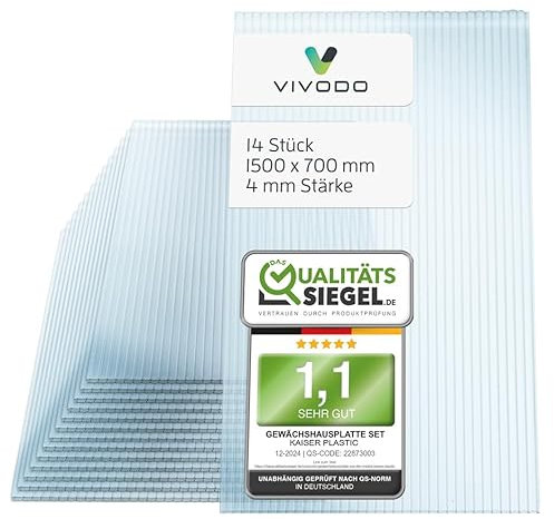 Vivodo Gewächshausplatten 14 Stk. | Hohlkammerplatten Doppelstegplatten 4mm | Platten für Gewächshaus | 700 x 1500 mm
