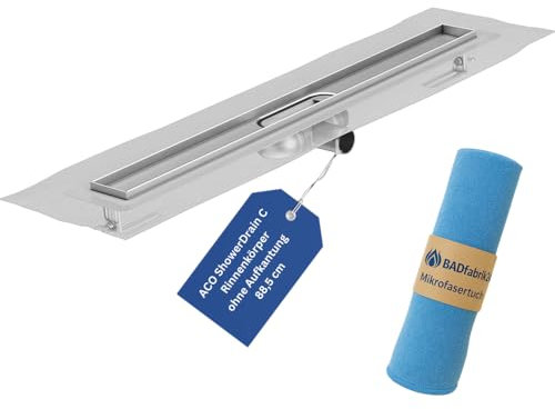BADfabrik24 ACO ShowerDrain C Rinnenkörper 88,5 cm – Duschrinne ohne Aufkantung, Einbauhöhe 5,7–12,8 cm, Edelstahl, inkl. Mikrofasertuch – Bodenablauf für Dusche,ShowerDrain, ACO ShowerDrain C