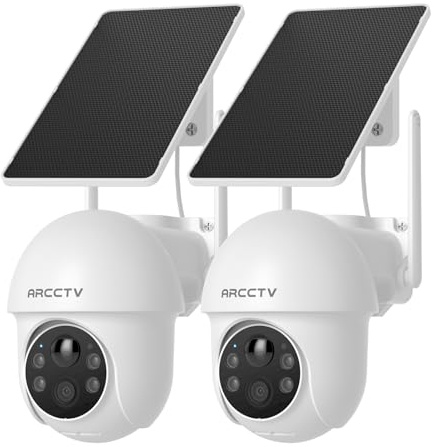 ARCCTV | 4MP Caméra Surveillance WiFi Extérieure sans Fil Solaire, Q1 2pcs | Wi-Fi 2.4/5GHz, PTZ 360°, 2.5K 4MP, Détection PIR, Vision Nocturne Couleur, Audio Bidirectionnel, Panneau Solaire, Alexa,IP65