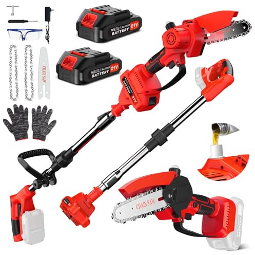 2-in-1 Cordless Pole Saw & Mini Chainsaw, 8-inch Electric Saw Brushless with 2 * 1.5Ah Battery, 90°Adjustable Head Extendable Tree Saw, Chain Saw with Extension Pole for Wood Cutting Trimming Branch