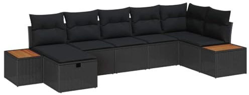vidaXL Garten-Sofa-Set mit Kissen 7 pcs Schwarz Poly Rattan, Garten- und Terrassenmöbel, rechteckig, modern, mit verstellbaren Füßen, wetterfest, modular, haltbar, Sofa