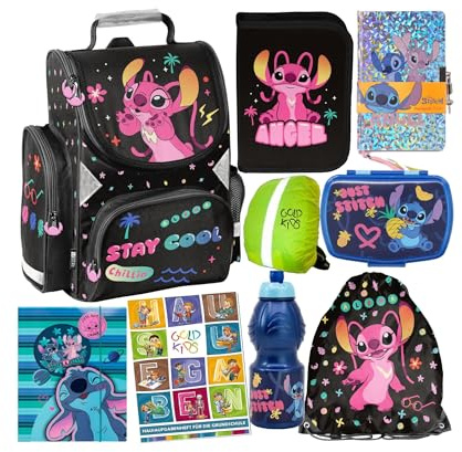 PASO - Schulranzen für Jungen und Mädchen - 9er-Set Schul-Rucksack mit Rollen für Kinder mit Federmäppchen - Schuhbeutel - Brotdose - Trinkflasche - Lilo und Stitch Motiv