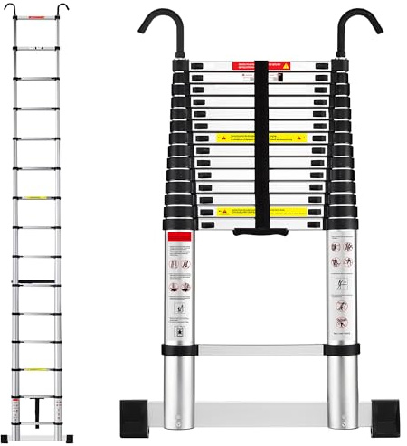 TEENO Scala Telescopica 4,4 M in Alluminio, Scaletta Telescopica Pieghevole con Barra Stabilizzatrice e Gancio Rimovibile, Scala Pieghevole Portatile per Riparazioni Domestiche, Carico Max 150 KG