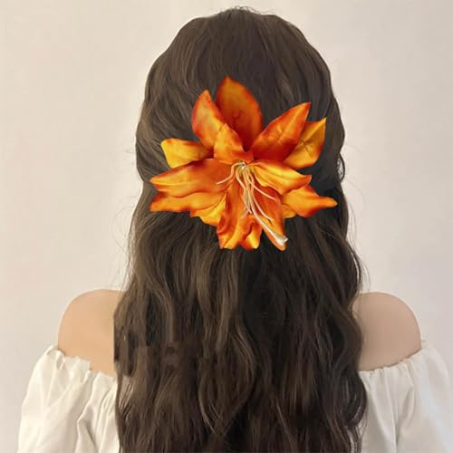 Cybche Große Lilie Blume Haarspange Für Styling Abschnitt Orange Stoff Blume Haarnadel Tropischen Hawaiianischen Floral Keine Falte Entenschnabel Haarspange Strand Dekorative Kopfschmuck Zubehör Für