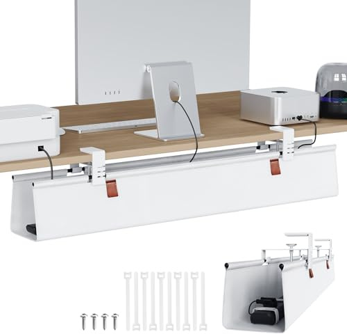 KEEGH Kabelkanal Schreibtisch Ohne Bohren - Klemmen/Schraubmontage 100cm | Unter dem Kabelmanagement Schreibtisch Stoff-Kabelkanal für Gaming-PCs und Kabelverstecker für Büro & Zuhause, Weiß