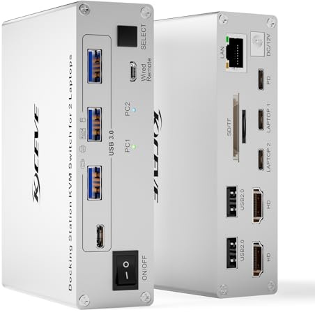 YOUTINGHDAV KVM Switch 2 Monitors 2 Computers USB C, KVM Switch Docking Station for 2 Laptops, 4K@60Hz, 80W PD, USB 3.0, 5Gbps, Gigabit Ethernet, TF/SD Card, Wired Remote(4K USB C HD 2 in 2 out KVM)