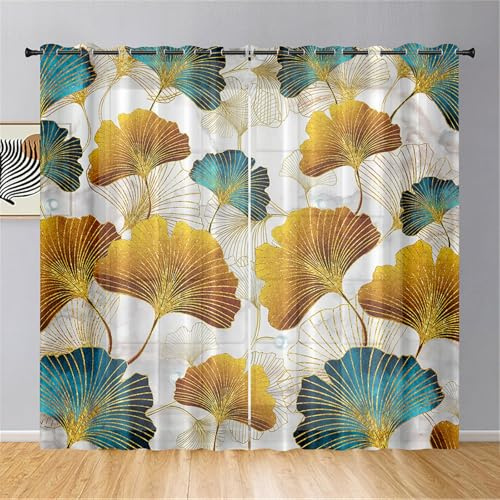 Odot Rideau Voilage Semi Occultant Salon, Rideaux Voile Fenetre Chambre avec Oeillets Panneaux Semi Transparent 2 Pieces Motif Feuilles de Ginkgo 3D (Style Chinois,W 140 H 213cm)