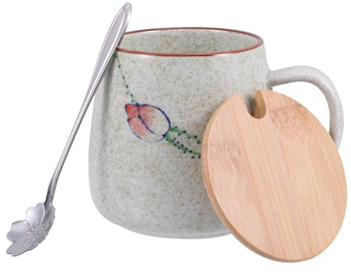 BAZEITFLOW Tazza in Materiale Ceramico con Coperchio e Cucchiaio Design Retrò con Decoro Vintage Tazza da Colazione per Latte e Bevande per Ambienti Domestici e Bar