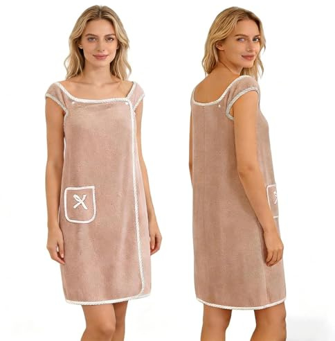 HUANYO Wearable Towel - Absorbent Bath Wrap & Beach Dress with Pockets for Women, Soft Bathrobe Poncho for Spa, Pool, Swimming, Vacation, Suitable for Home, Beach, Sauna (Color) (khaki)