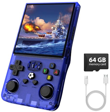 R36MAX Retro Gaming Console, Retro Handheld Games Console with 64GB TF Card, Portable Hand Held Open Source Linux System, 4.0 inch IPS HD Screen Video Game Consoles, 4000mAh Battery (Blue)