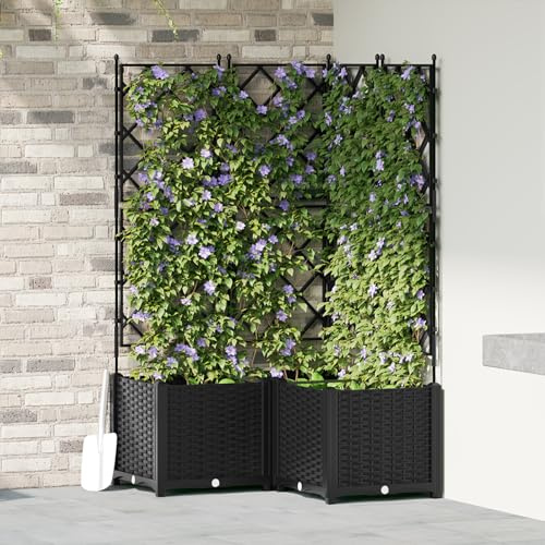 Planteur de jardin noir avec treillis, 80 x 80 x 143 cm, en plastique, pour l'intérieur et l'extérieur, résistant aux intempéries et facile d'entretien, avec design tissé pour plantes grimpantes