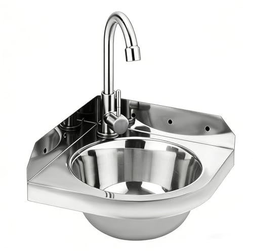 Lavabo ad Angolo in Acciaio Inox, Lavabo da Parete Triangolare | Lavello in Acciaio Inox con Rubinetto Acqua Calda e Fredda, Salvaspazio per Bagno, Camper, Barca, WC, Garage