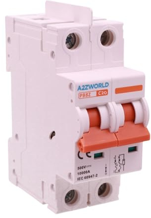 Interruttore Magnetotermico DC 20A, MCB DC 2P 500V 10kA, Senza Polarità, con Separatore tra Poli, 2 Moduli IP20, per Fotovoltaico Batterie e Impianti in Corrente Continua, Modello P8BZ