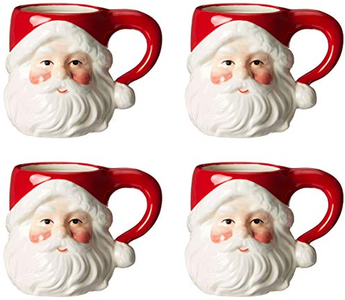 Cosmos Gifts Lot de 4 tasses classiques en céramique avec têtes de Père Noël, rouge et blanc, taille M, 14 x 9,9 x 10,4 cm