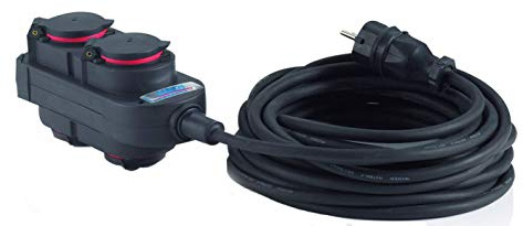 Alargador Hedi 10 m. cable de goma de neopreno 3G1,5, color negro, IP44. Con cabezal suspendido con 4 tomas