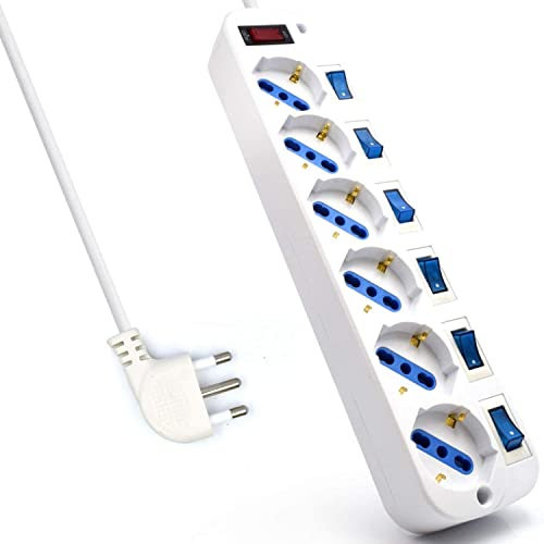 Mehrfachsteckdose mit 6 Steckplätzen, Steckdosenleiste mit 6 italienischen und Schuko-/deutschen Steckdosen – italienischer Stecker 16 A – Leistung 250 V/2500 W – Kabel 1,5 Meter, Steckdosen gewinkelt