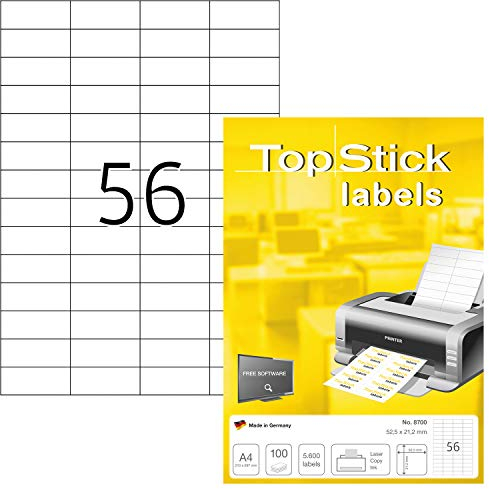 TopStick 8700 Universal Etiketten, 100 Blatt, 52,5 x 21,2 mm, 56 pro A4 Bogen, 5600 Stück, selbstklebend, bedruckbar, matt, blanko Papier Klebeetiketten Aufkleber, weiß