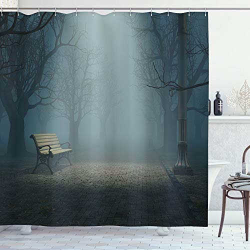 ABAKUHAUS Fallen Duschvorhang, Mysterious Park Horror, Stoffliches Gewebe Badezimmerdekorationsset mit Haken, 175 x 220 cm, Creme Blau