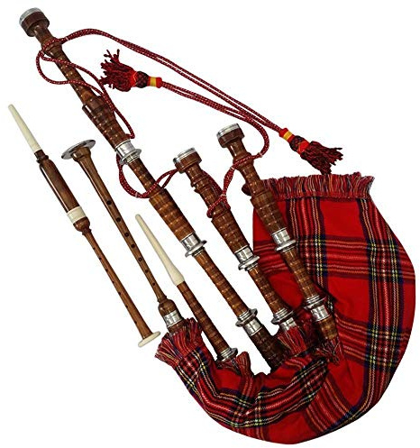 Schottischer Dudelsack aus Palisander, naturfarben, mit silberfarbenen Passepartouts, inkl. Tutorbuch, Tragetasche, Drohne, Schilfrohr, Natur Brown, Royal Stewart