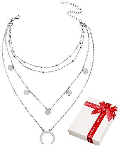 Damen Mehrreihige Kette Silber mit Mond Anhänger für Frauen Mädchen,4 Reihig Personalisierter Halbmond Plättchen Modeschmuck Boho Halskette Choker Geburtstag Geschenk für Freundin Mutter Junge Frau