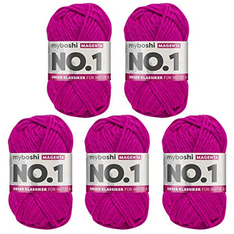 myboshi No.1 Wolle zum Häkeln und Stricken, Schnellstrickgarn, langlebige Mützenwolle, Strickwolle, Häkelwolle, mulesing-frei, 50g, Ll 55m Rosa (Magenta) 5 Knäuel