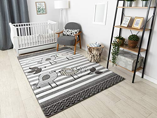 rugsx Kinderteppich Petit für Babyzimmer, Spielteppiche, Kinderzimmer, VÖGEL grau 120x170 cm