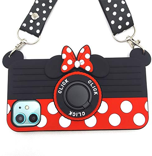 for iPhone 12 Pro Max Case Cute Minnie Mouse 3D Carton Camera Ring Grip Holder Kickstand Lanyard Teens Girls Women Soft Silicone Cute Phone Case Rubber Cover for iPhone 12 Pro Max -6.7 (12 Pro Max)