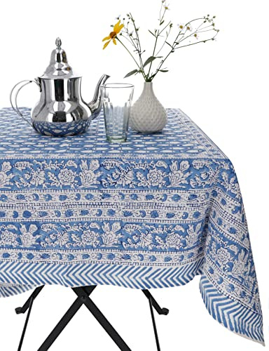 GURU SHOP Handbedruckte Tischdecke, Tischläufer Blockdruck, Boho Tischdecke 220x160 cm - Modell 5, Blau, Baumwolle, Tischläufer, Tischdecken