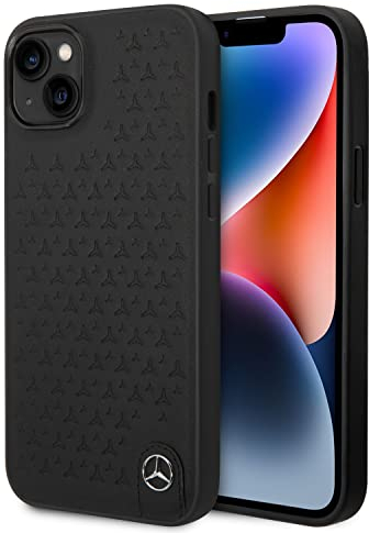 CG MOBILE Mercedes-Benz Handyhülle für iPhone 14 Plus in grauem Sternmuster, Echtleder-Schutzhülle, langlebige und kratzfeste Hülle mit zugänglichen Anschlüssen, Stoßdämpfung und charakteristischem