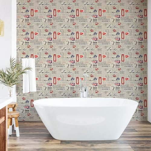 ABAKUHAUS Tee-Party abziehbare & klebbare Tapete für Zuhause, Zeitung Kuss Marks, selbstklebendes Wohnzimmer Küchenakzent, 33 cm x 250 cm, Beige Navy Blau Rot