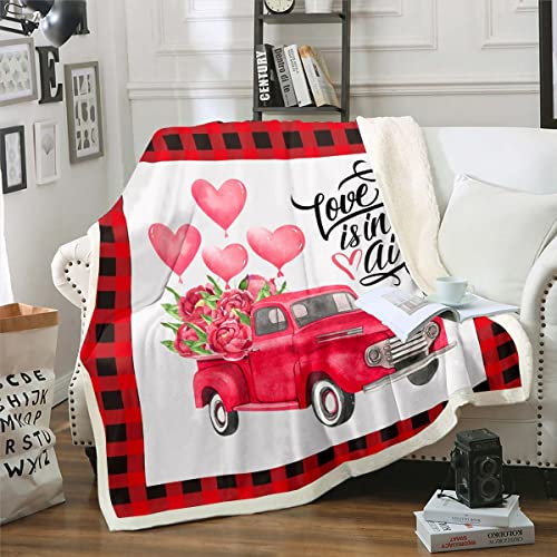 Valentinstag Decke 150x200 Rote Rose Blumen Fleece Decke Retro LKW Auto Fuzzy Decke Geometrie Gitter Büffel Decke Werfen für Schlafsofa Liebe Liegt In Der Luft Druck Schlafzimmer Dekor