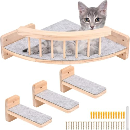 Cat Wall Shelves with 3 Steps, Wooden Corner Cat Wall Shelf Hammock with Felt Mat, Wall-Mounted Cat Climbing Shelf Wood Cat Wall Furniture for Jumping Sleeping Playing