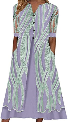 Minetom Femme Col V Robe De Cocktail Soirée Bal en Mousseline Demi-Manche Fleurie Promo Demoiselle pour Fête Cérémonie Bal Mariage Vacances Robe avec Poches C Violet Foncé XXL