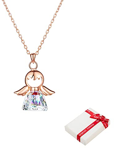 Collana in argento 925 con ciondolo a forma di angelo per donne, collana in oro rosa con cristalli scintillanti per bambini, ragazze adolescenti, regalo per la cresima e la prima comunione