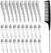 MELLIEX 30 PCS Pince Crocodile Cheveux avec Peigne à Queue Antistatique, Pince Cheveux Coiffeur avec Trous Métal Pince Plate Cheveux, Argent