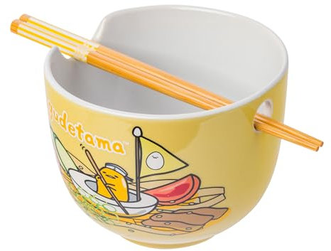 Silver Buffalo Sanrio Gudetama Lazy Egg Sailing In Ramen Ceramic Ramen Noodle Rice Bowl with Chopsticks, Microwave Safe, 20 Ounces