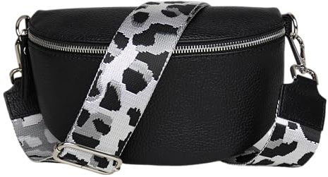 MIRROSI® Bauchtasche Damen, Echtleder, Made in Italy, Umhängetasche, Brusttasche, Crossbody Bag (1 Tasche & 2 Gurte) (Mittelgroße Tasche (25x16x7cm), Schwarz (Leo Grau))