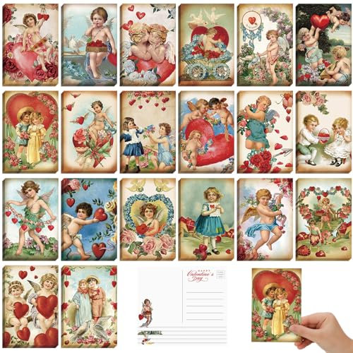 Nuanchu 80 Stück Vintage Valentinstag Grußkarten Valentinstag Postkarten Rote Herzen und Blumen Antik Postkarten-Set Retro Viktorianische Valentine Karten für Hochzeit Verlobung Jahrestag Party