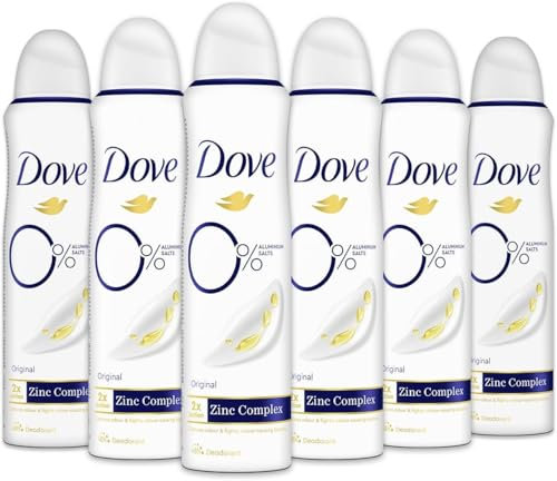 Dove Deodorante Spray 0% Original, Senza Alcol e Sali di Alluminio, con Formula Idratante e Delicata, Pelle Asciutta Fino a 48 Ore, Deodorante Uomo e Donna, 6 Pezzi da 150ml