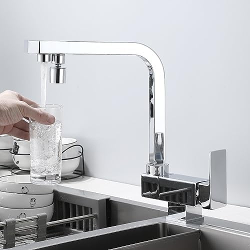 3-Wege-Küchenarmatur für Fenster, heißes und kaltes Wasser, 360° drehbarer Auslauf, 3-Wege-Wasserfilter-Wasserhahn, Küchen-Trinkwasserhähne, 3-Wege-Küchenarmatur, Chrom, Dual-Modus