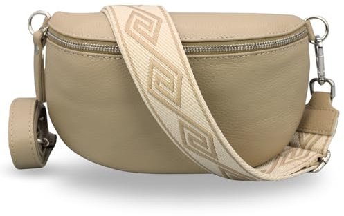 ADEL Bauchtasche Damen Echtleder Emma Silber Handgemachte Umhängetasche Crossbody Bag mit Optionalen Breiten Gemusterten Riemen Stylische Hüfttasche Made in Italy (Taupe-Silber 5, Small)