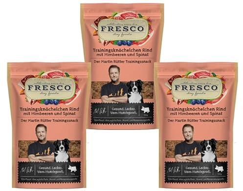 Fresco Martin Rütter Trainingsknöchelchen | 3X 150g | Natürlicher Monoproteinsnack aus reinem Rindfleisch mit Himbeeren und Spinat | Hundeleckerli | Leckerer Snack für Hunde | Gesund und natürlich