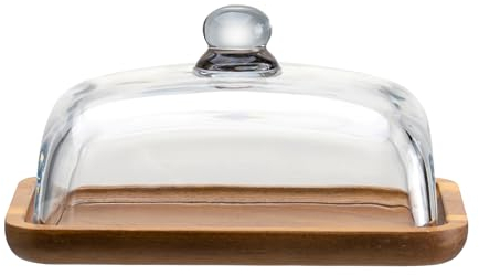 MKLZ Mantequera de vidrio con tapa de madera, plato grande abovedado para queso con asa, protector de mantequilla con cubierta para mesa, encimera de cocina, refrigerador